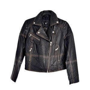 Bod & Christensen Women's Sz L Moto Jacket Distressed Black Pebbled Leather NEW